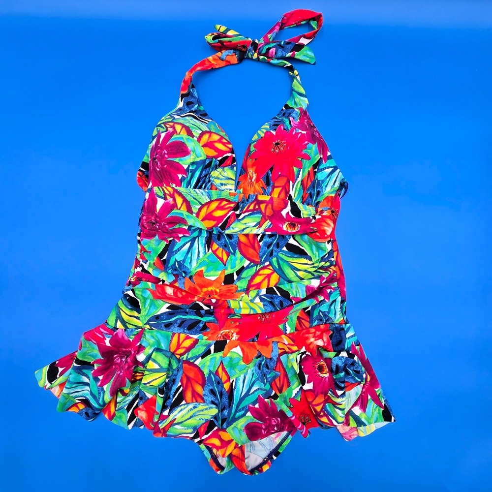 Chaps Women's Floral Halter Swimdress One Piece Swimsuit‎ Multicolor Size 10